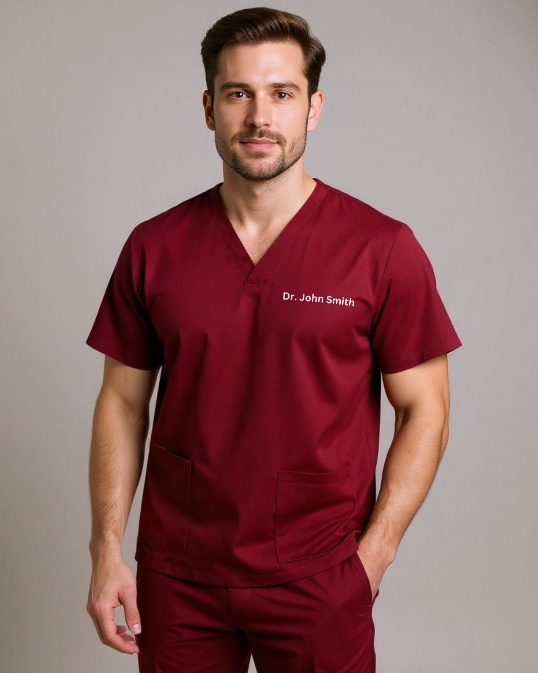 Men’s Classic Scrub Top - Maroon - Customized Embroidery